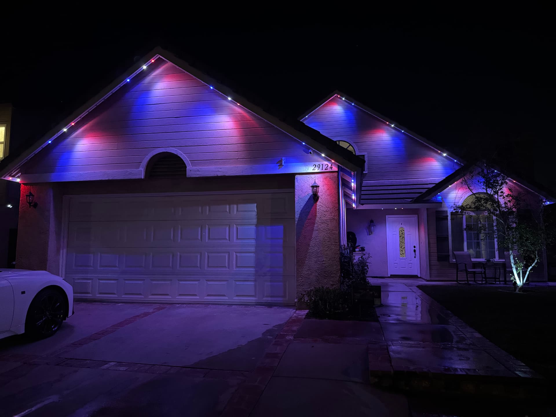 Home lit in red, white and blue permanent LED lighting